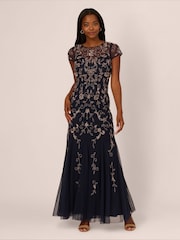 Adrianna Papell Blue Studio Bead Mesh Godet Long Dress - Image 1 of 7