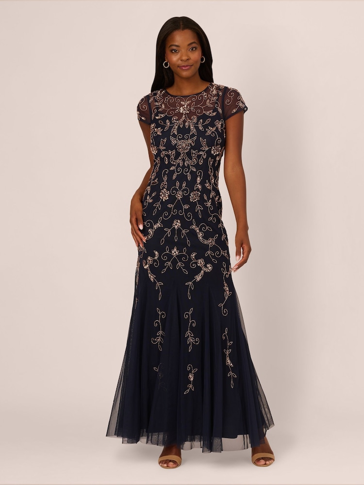 Adrianna Papell Blue Studio Bead Mesh Godet Long Dress - Image 1 of 7