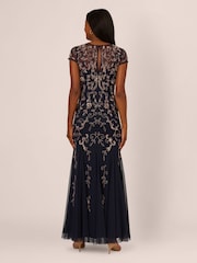 Adrianna Papell Blue Studio Bead Mesh Godet Long Dress - Image 2 of 7