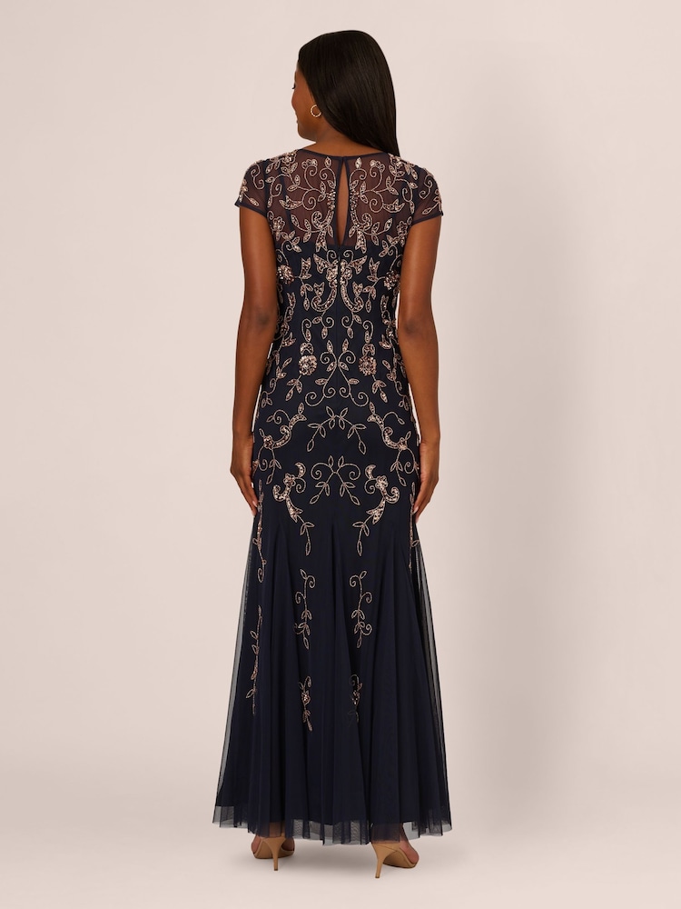 Adrianna Papell Blue Studio Bead Mesh Godet Long Dress - Image 2 of 7