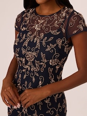 Adrianna Papell Blue Studio Bead Mesh Godet Long Dress - Image 4 of 7