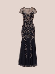 Adrianna Papell Blue Studio Bead Mesh Godet Long Dress - Image 6 of 7