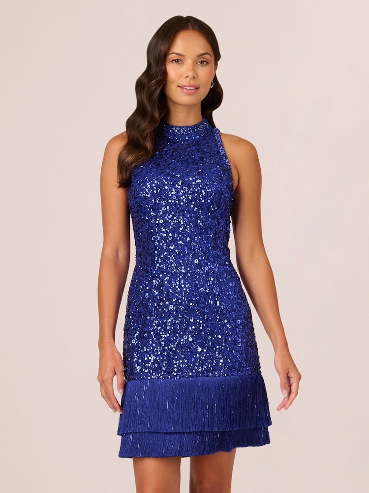 Adrianna Papell Blue Beaded Fringe Dress - Image 1 of 6 Adrianna Papell Blue Beaded Fringe Dress - Image 1 of 6