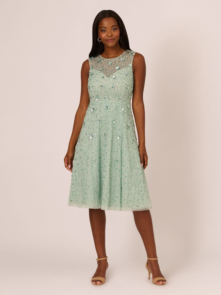 Adrianna Papell Green Illusion Beaded Mesh Dress - Image 1 of 7 Adrianna Papell Green Illusion Beaded Mesh Dress - Image 1 of 7