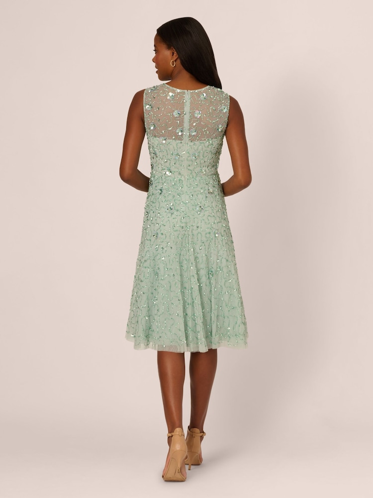 Adrianna Papell Green Illusion Beaded Mesh Dress - Image 2 of 7 Adrianna Papell Green Illusion Beaded Mesh Dress - Image 2 of 7