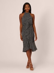Adrianna Papell Shirred Dot Chiffon Black Midi Dress - Image 1 of 7