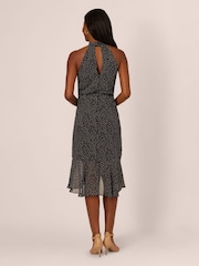 Adrianna Papell Shirred Dot Chiffon Black Midi Dress - Image 2 of 7