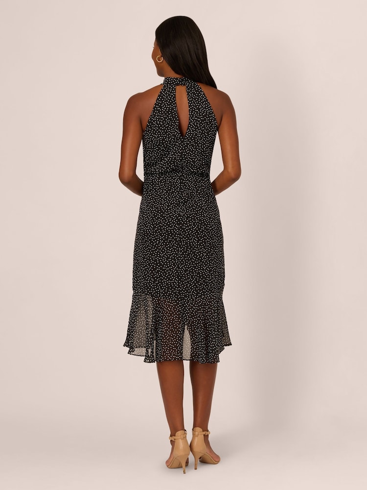 Adrianna Papell Shirred Dot Chiffon Black Midi Dress - Image 2 of 7