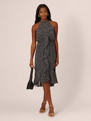 Adrianna Papell Shirred Dot Chiffon Black Midi Dress - Image 3 of 7