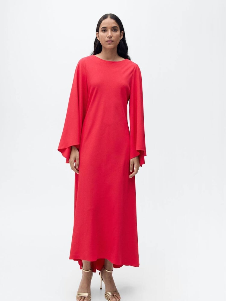 Mango Pink Flute Sleeve Satin Midi Dress - Image 1 of 6