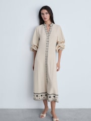 Mango Cream Long Sleeve Patterned V-Neck Dress - Image 1 of 6
