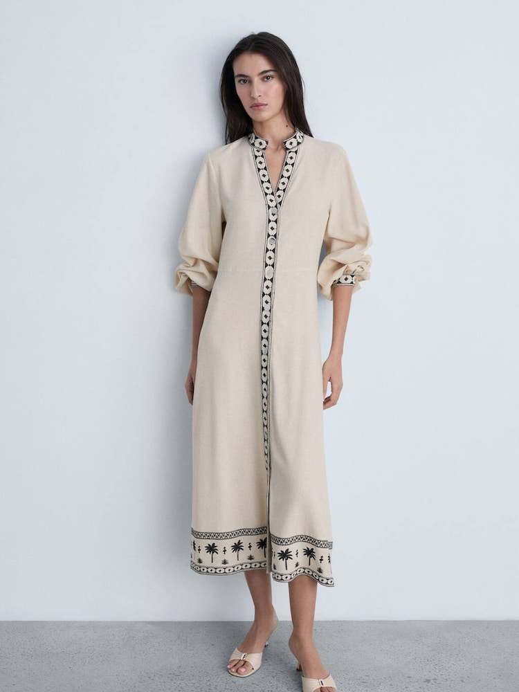 Mango Cream Long Sleeve Patterned V-Neck Dress - Image 1 of 6