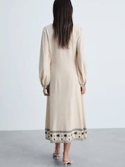 Mango Cream Long Sleeve Patterned V-Neck Dress - Image 2 of 6