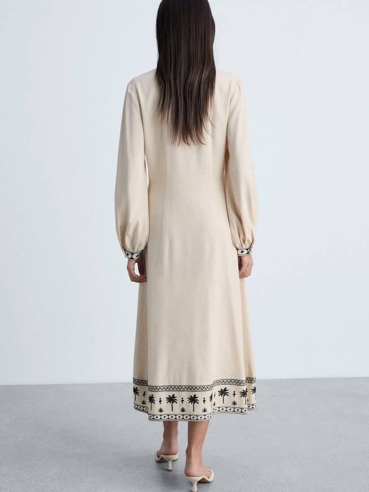 Mango Cream Long Sleeve Patterned V-Neck Dress - Image 2 of 6