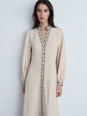 Mango Cream Long Sleeve Patterned V-Neck Dress - Image 3 of 6