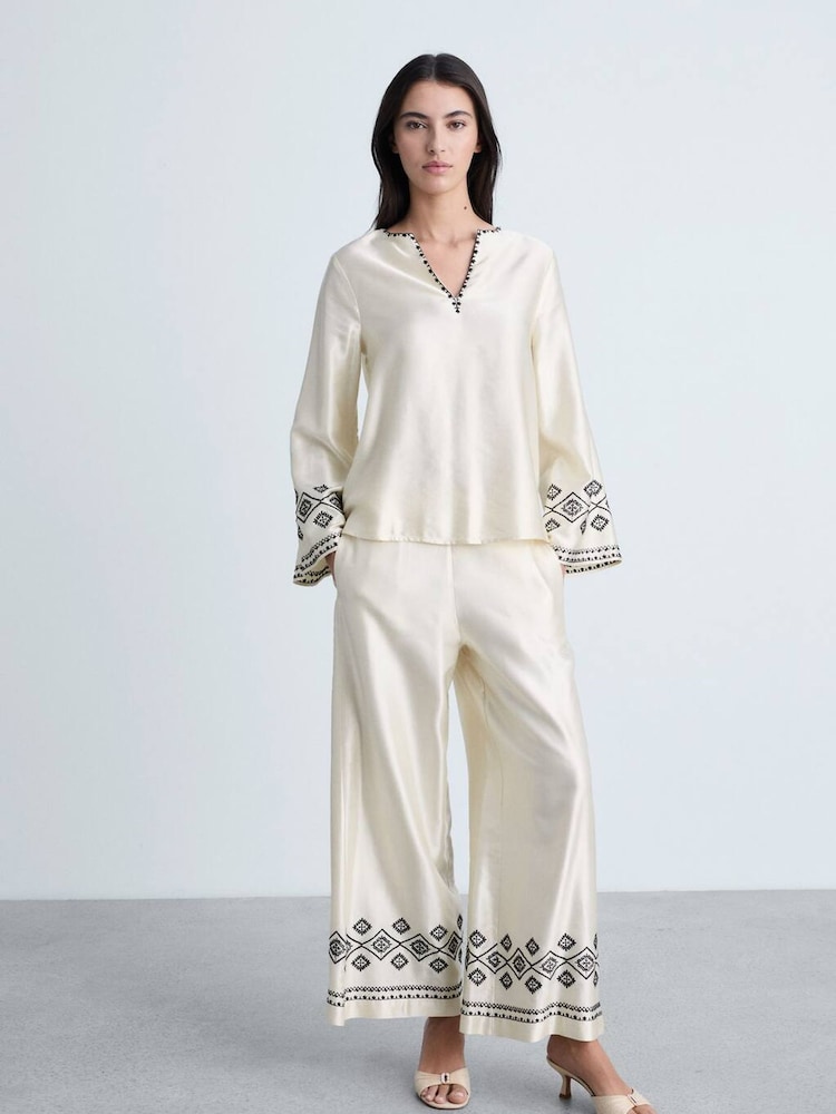 Mango Cream Embroidered Satin Blouse - Image 1 of 6