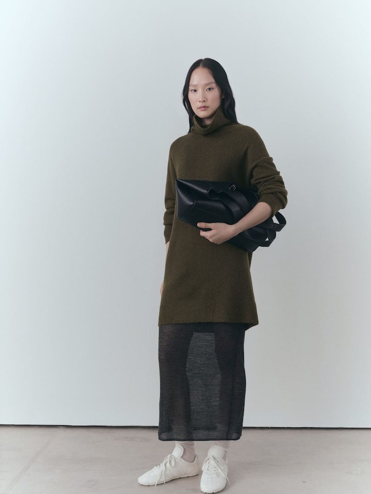 Mango Khaki Roll Neck Knitted Jumper Dress - Image 1 of 6