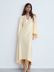 Mango Gold Maxi Long Sleeve V-Neck Satin Dress - Image 1 of 6