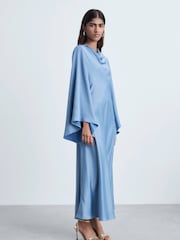 Mango Blue Satin Cape Sleeve Maxi Dress - Image 1 of 6