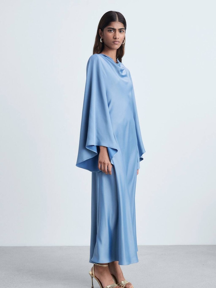 Mango Blue Satin Cape Sleeve Maxi Dress - Image 1 of 6 Mango Blue Satin Cape Sleeve Maxi Dress - Image 1 of 6