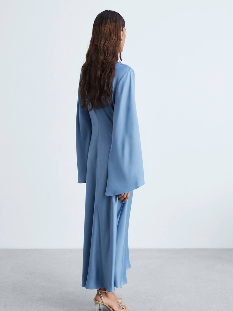 Mango Blue Satin Cape Sleeve Maxi Dress - Image 2 of 6