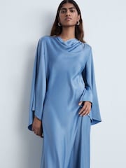 Mango Blue Satin Cape Sleeve Maxi Dress - Image 3 of 6