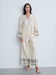Mango Cream Embroidered Wide Leg Satin Trousers - Image 1 of 6