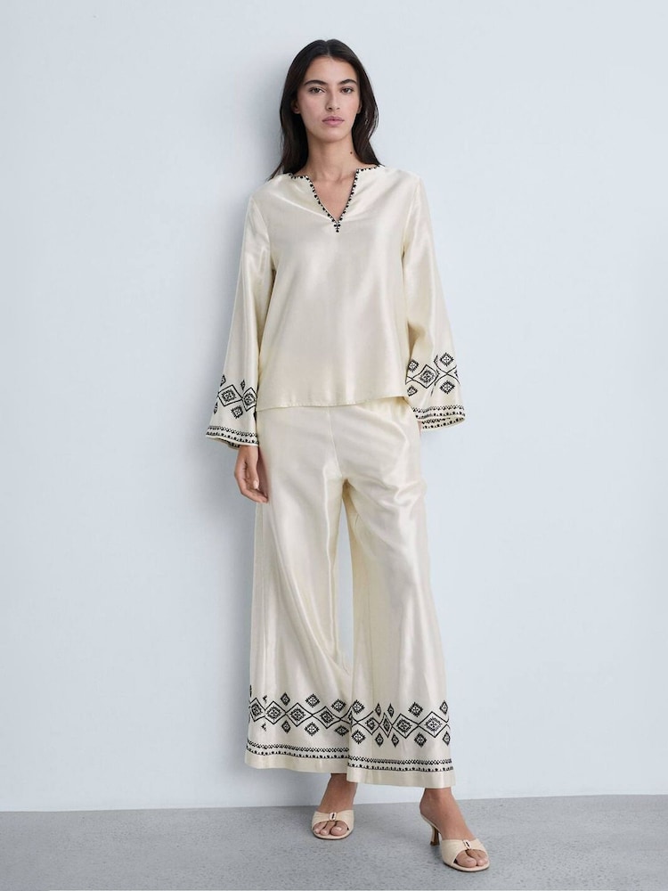 Mango Cream Embroidered Wide Leg Satin Trousers - Image 1 of 6