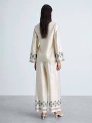Mango Cream Embroidered Wide Leg Satin Trousers - Image 2 of 6