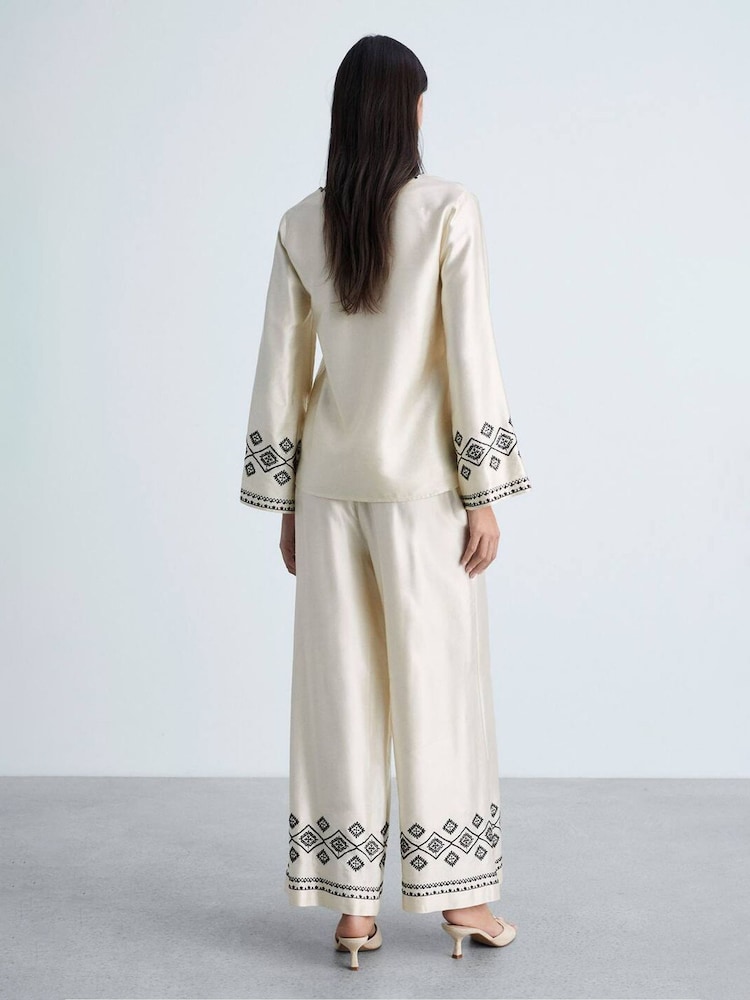 Mango Cream Embroidered Wide Leg Satin Trousers - Image 2 of 6