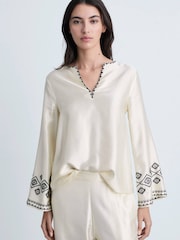 Mango Cream Embroidered Wide Leg Satin Trousers - Image 4 of 6