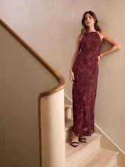 Burgundy Red Occasion Floral Textured Maxi Dress - Image 1 of 5