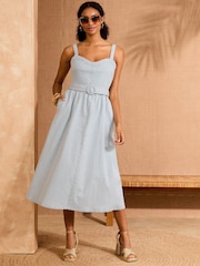 Love & Roses Blue Stripe Strappy Fit and Flared Denim Belted Midi Dress - Image 1 of 4
