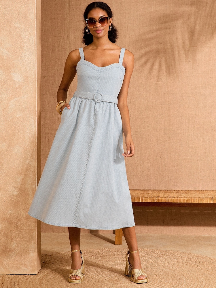 Love & Roses Blue Stripe Strappy Fit and Flared Denim Belted Midi Dress - Image 1 of 4