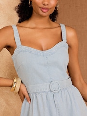 Love & Roses Blue Stripe Strappy Fit and Flared Denim Belted Midi Dress - Image 2 of 4