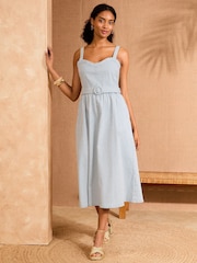Love & Roses Blue Stripe Strappy Fit and Flared Denim Belted Midi Dress - Image 3 of 4