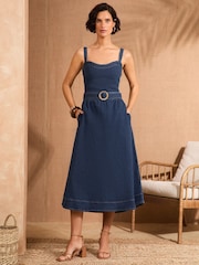 Love & Roses Dark Wash Petite Strappy Fit and Flared Denim Belted Midi Dress - Image 1 of 4