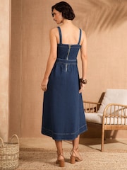 Love & Roses Dark Wash Petite Strappy Fit and Flared Denim Belted Midi Dress - Image 2 of 4