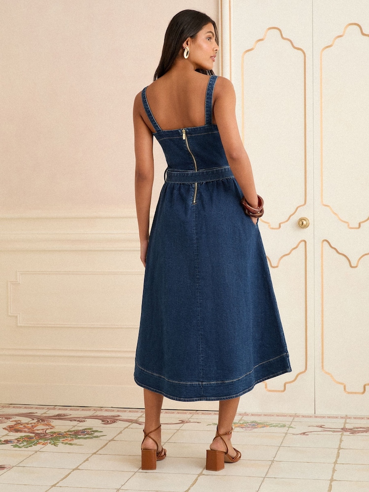 Love & Roses Dark Wash Petite Strappy Fit and Flared Denim Belted Midi Dress - Image 3 of 4