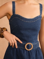 Love & Roses Dark Wash Petite Strappy Fit and Flared Denim Belted Midi Dress - Image 4 of 4