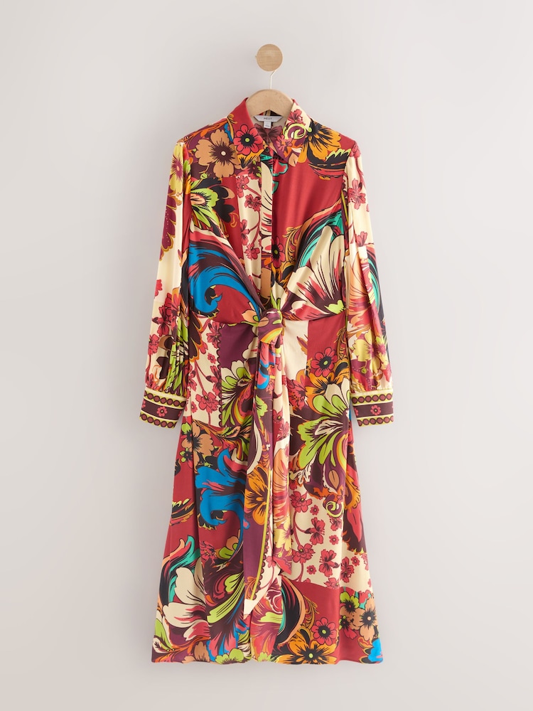 Dark Red Paisley Print - Twist Front Maxi Shirt Dress - Imagen 1 de 3