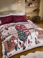 Red Town Scene Christmas Reversible Duvet Cover and Pillowcase Set - Image 1 of 3