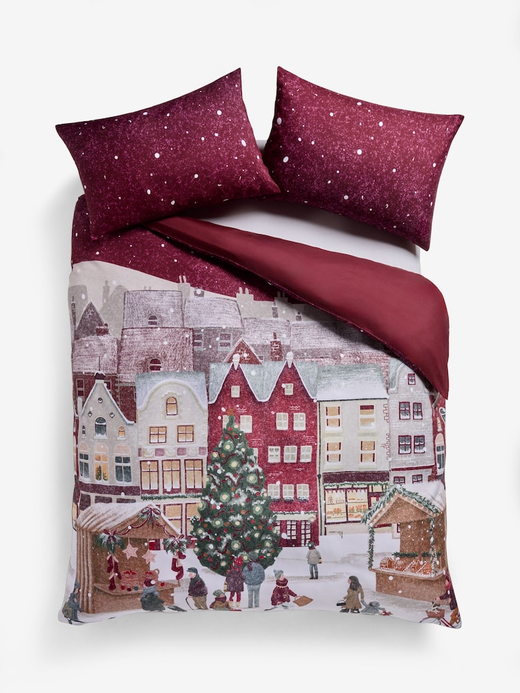 Red Town Scene Christmas Reversible Duvet Cover and Pillowcase Set - Image 4 of 4