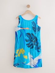 Bright Blue Palm Print Scoop Back Mini Shift Dress With Linen - Image 5 of 7
