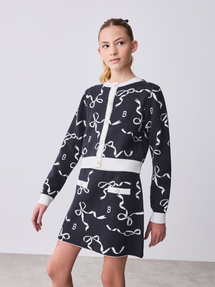 Baker by Ted Baker Navy 2 Piece Bow Knitted Cardigan & Skirt Set - Image 1 of 15