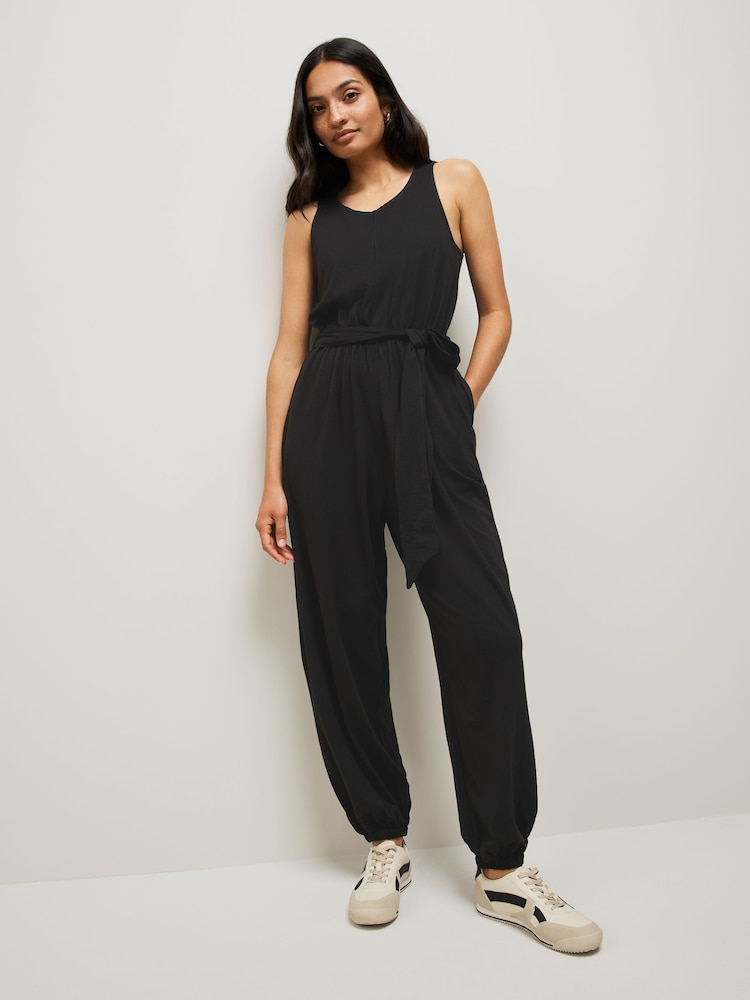 Black Sleeveless Jersey Tie Waist Jumpsuit - Image 1 of 7