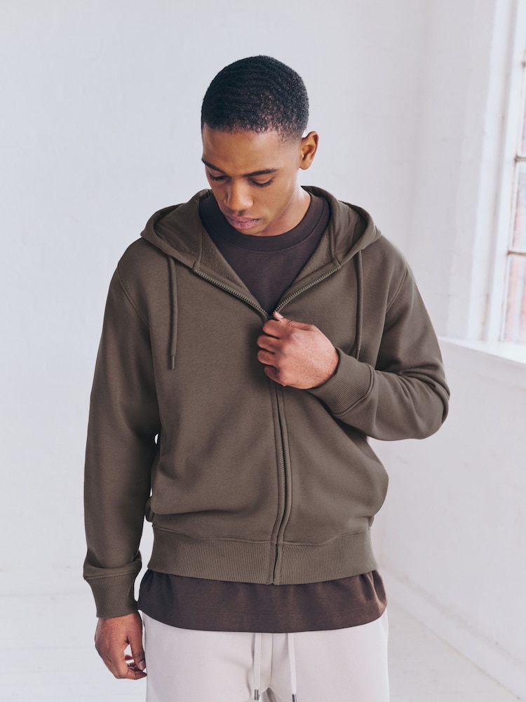 Neutral Brown Cotton-Rich Jersey Zip Up Hoodie - Image 4 of 10