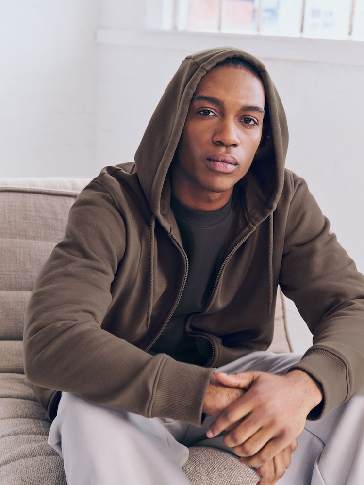 Neutral Brown Cotton-Rich Jersey Zip Up Hoodie - Image 6 of 10