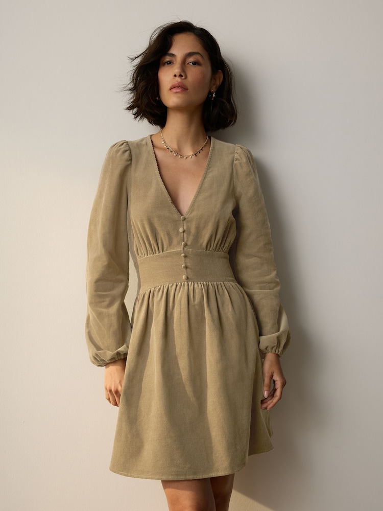 Khaki Green Mini Cord Long Sleeve Dress - Image 1 of 7 Khaki Green Mini Cord Long Sleeve Dress - Image 1 of 7