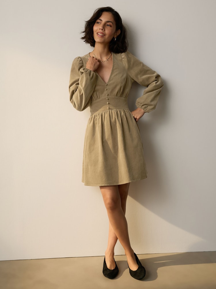 Khaki Green Mini Cord Long Sleeve Dress - Image 2 of 7 Khaki Green Mini Cord Long Sleeve Dress - Image 2 of 7